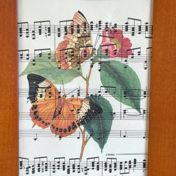 Handmade Upcycled Vintage Sheet Music Orange Pink Butterfly Flowers Framed Art