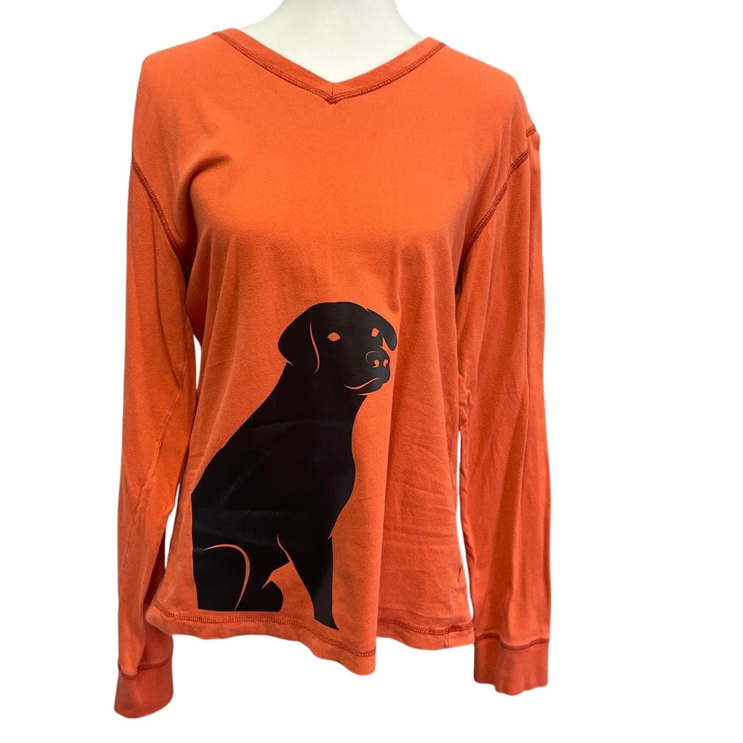 Hand Printed Upcycled Womens Large Black Lab Dog Puppy Long Sleeve V-Neck Tee