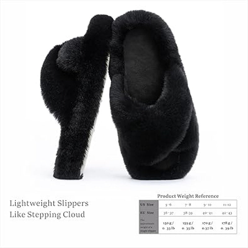 New Chantomoo Womens Size 8 Black Furry Memory Foam Open Toe Slide On Slippers