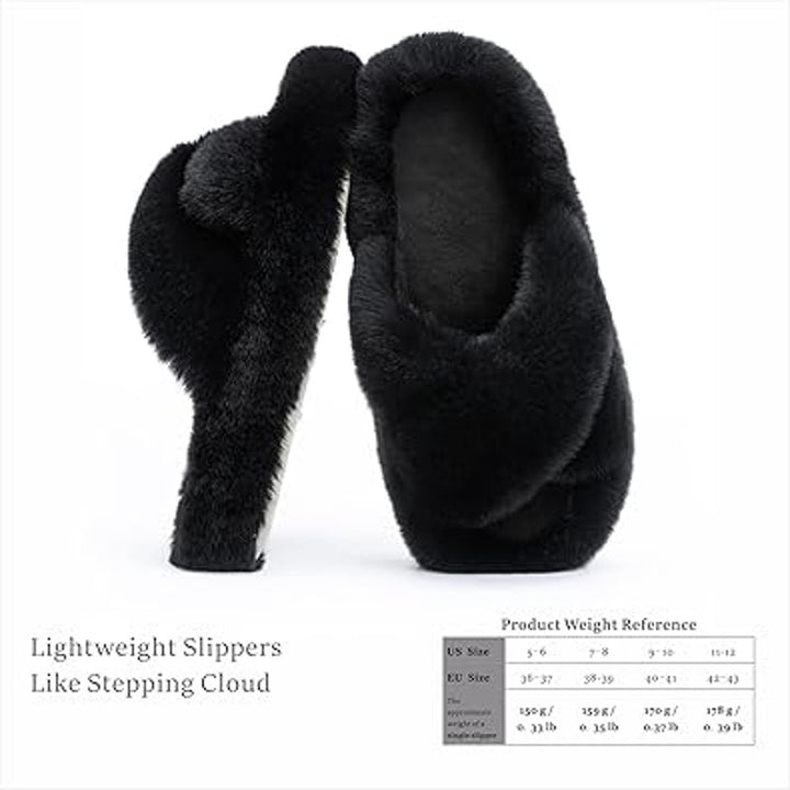 New Chantomoo Womens Size 8 Black Furry Memory Foam Open Toe Slide On Slippers