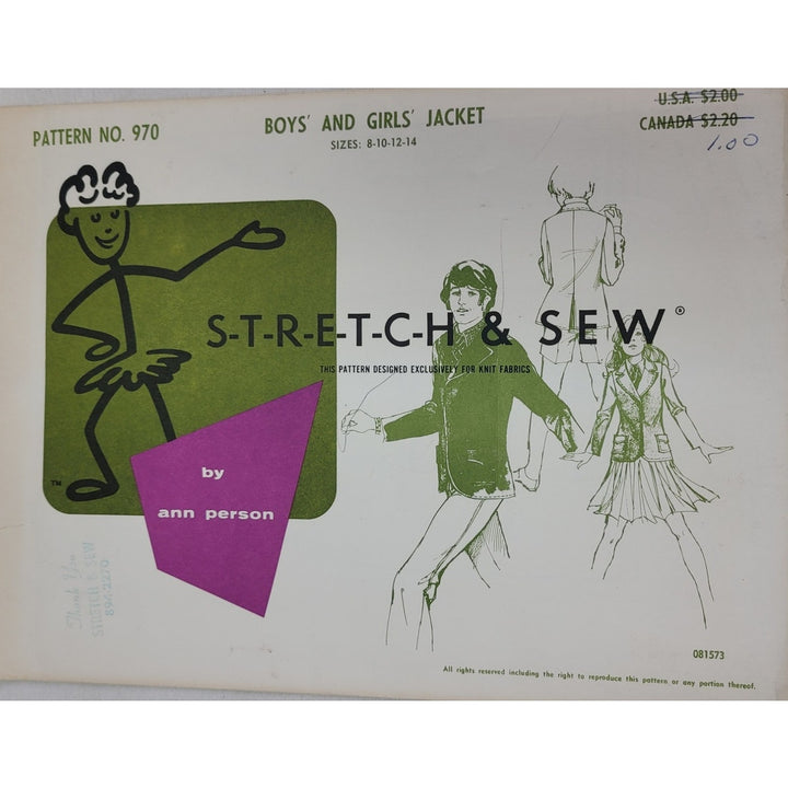 Vintage 1967 Stretch &amp; Sew 970 Boys and Girls Jacket Uncut Sewing Pattern
