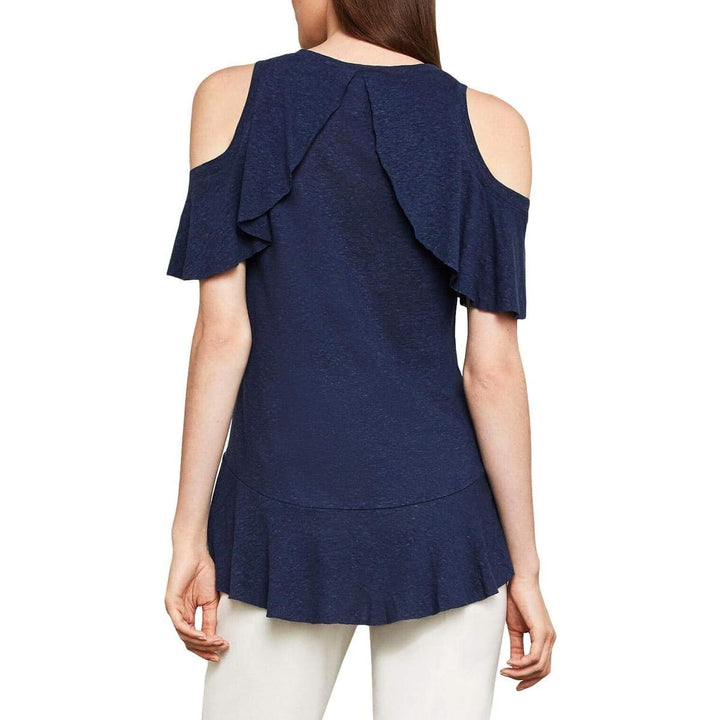 New BCBGMAXAZRIA Womens Small Dark Ink Cold Shoulder Ruffle Overlay Tank Top