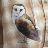 New Hand Printed Womens Small Woodland Owl Bird Long Sleeve Plaid Flannel Hoodie