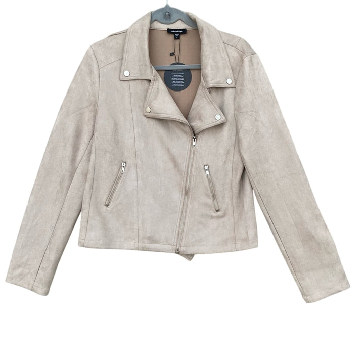 NWT New Mittoshop Womens Medium Light Gray Vegan Suede Full Zip Collared Jacket