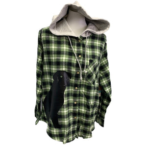New Hand Printed Womens Large Black Lab Dog Long Sleeve Plaid Flannel Hoodie