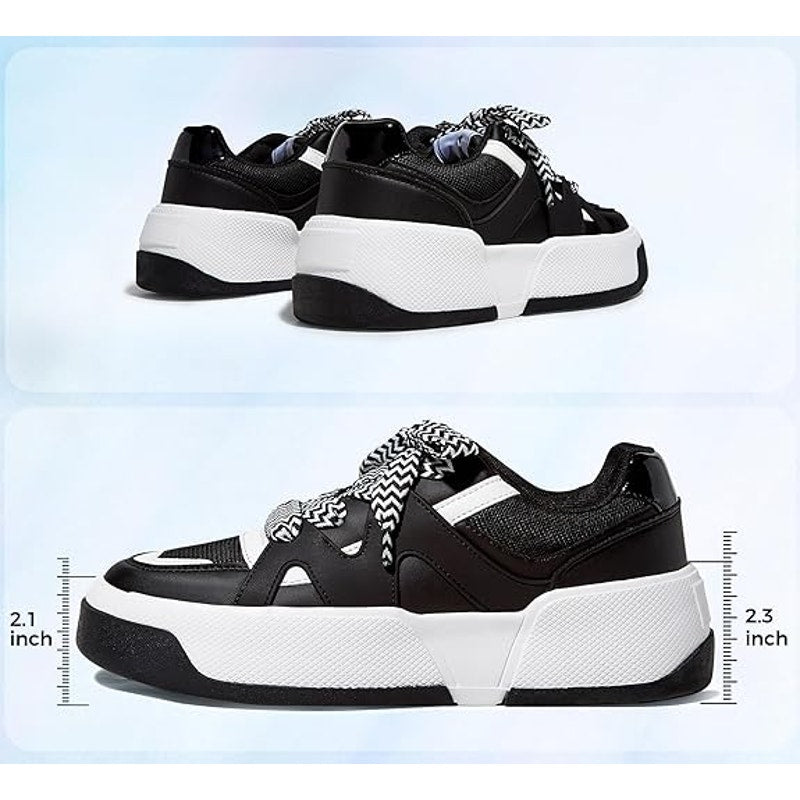 Lucky Step Womens Size 8.5 Black Thick Sole Faux Leather Retro Platform Sneakers