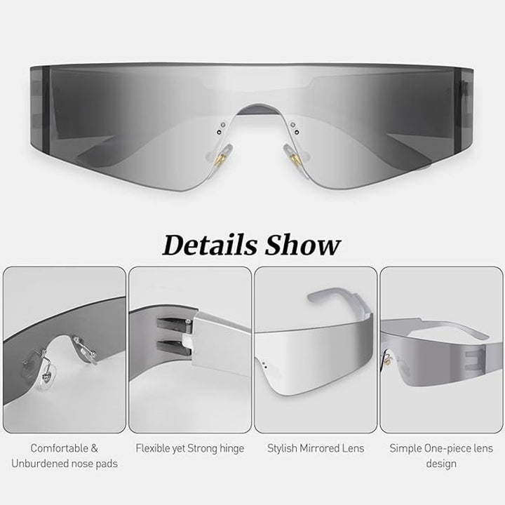 Milramtob Womens Black Futuristic Wrap Around Rimless Y2K Sunglasses