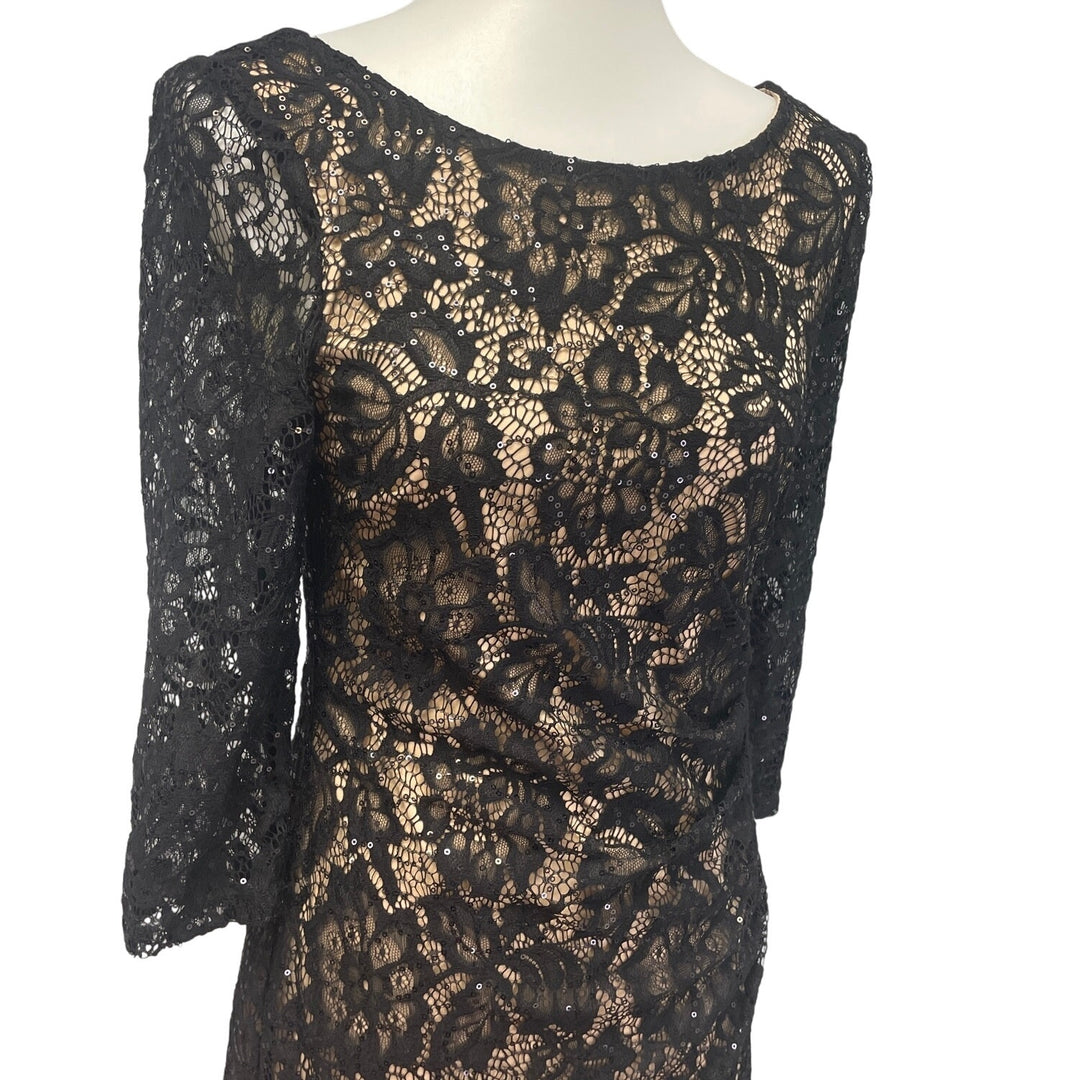 Scarlett Womens Size 6 Lace Over Tan Shell Long Sleeve Sequin  BodyCon Dress