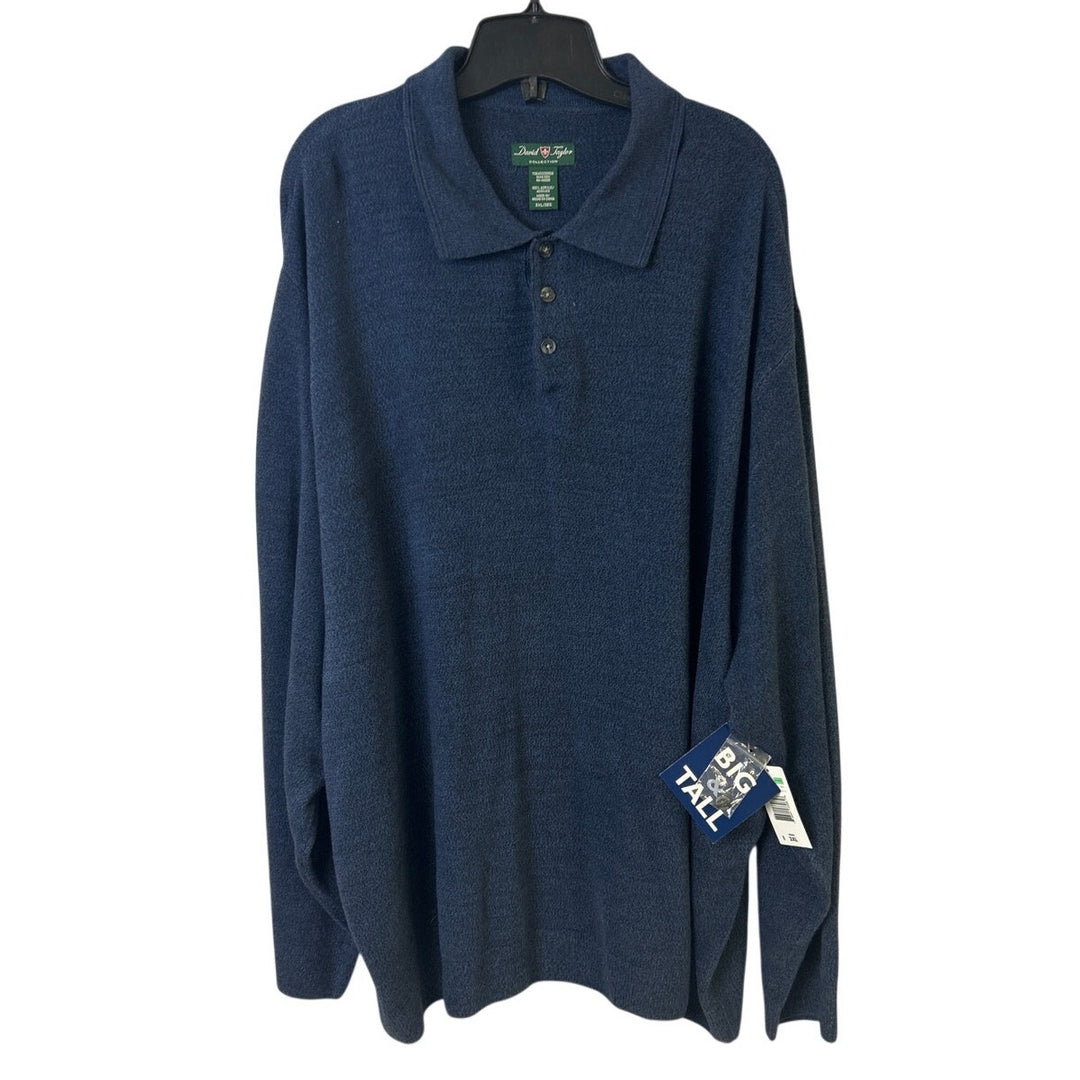 NWT New David Taylor Mens 3XL Blue Big and Tall Long Sleeve Knit Polo Sweater