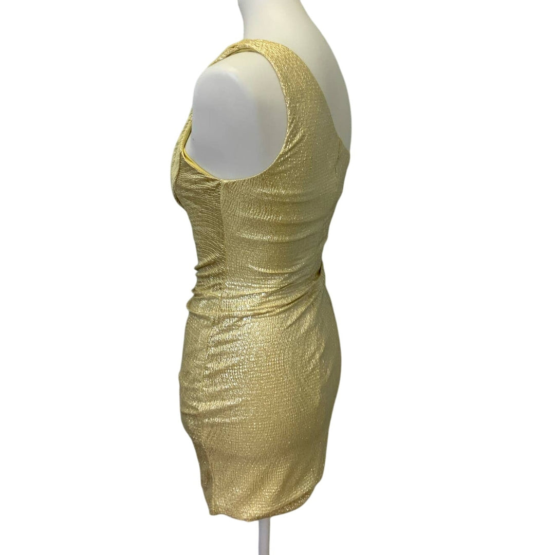 AUW As You Wish Womens Small One Shoulder Swoop Shiny Gold Sleeveless Dress