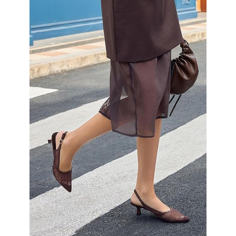 Coutgo Womens 9.5 Dark Brown Mesh Pointy Closed Toe Slingback 2.5" Heel Shoes