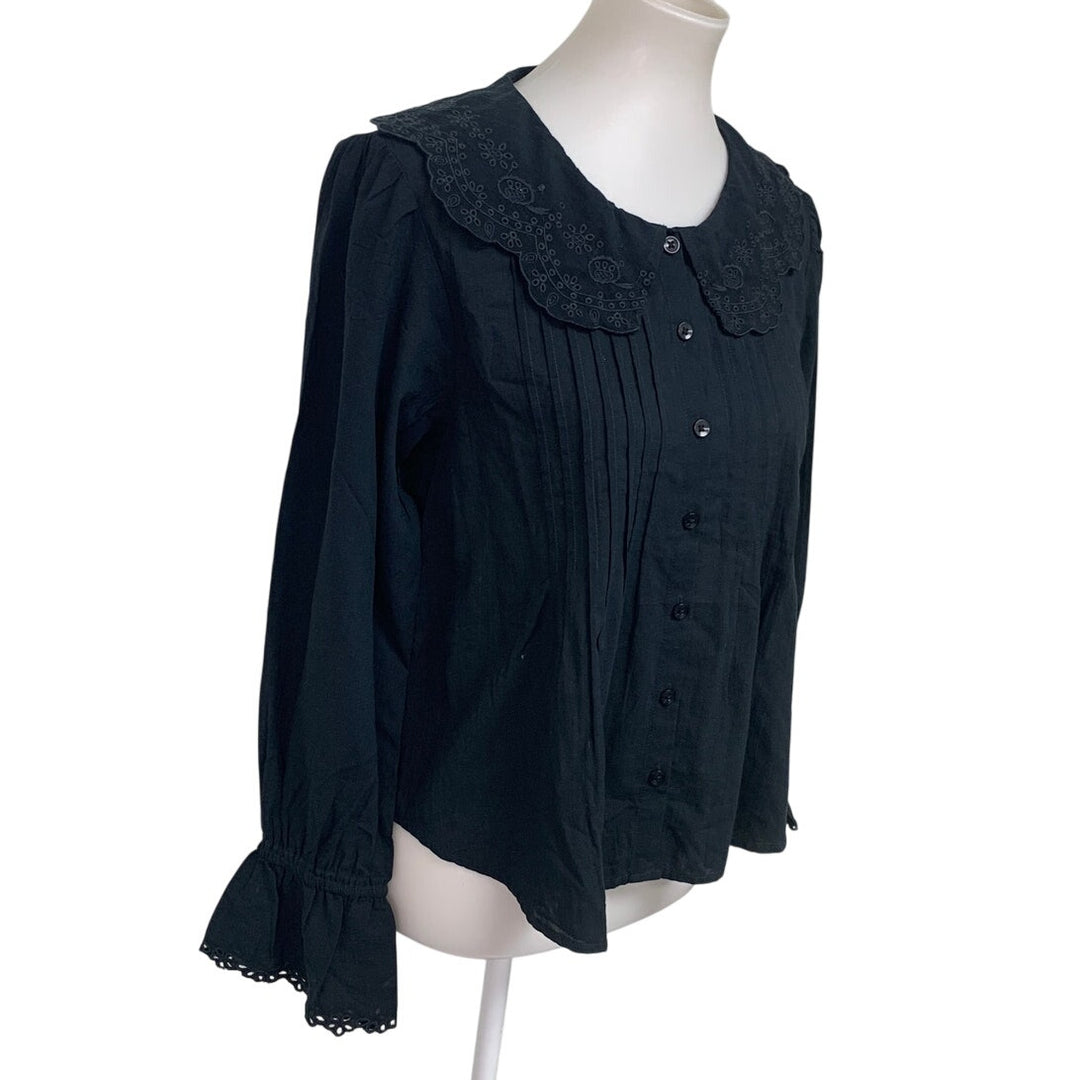 New American Eagle Womens Small Black Long Sleeve Lace Collar Button Down Shirt