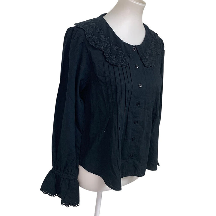 New American Eagle Womens Small Black Long Sleeve Lace Collar Button Down Shirt