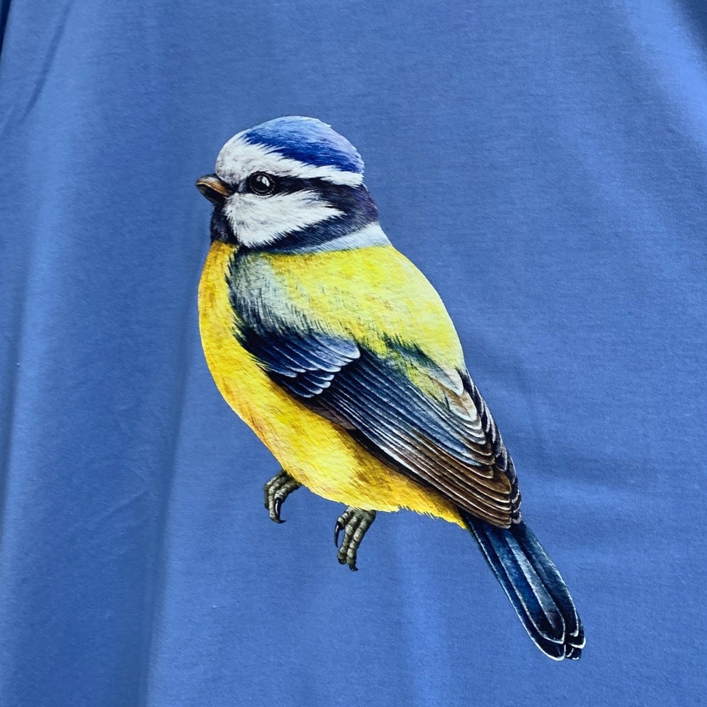 New Hand Printed Womens 3XL Yellow Blue Wild Bird Short Sleeve Crew Neck T Shirt