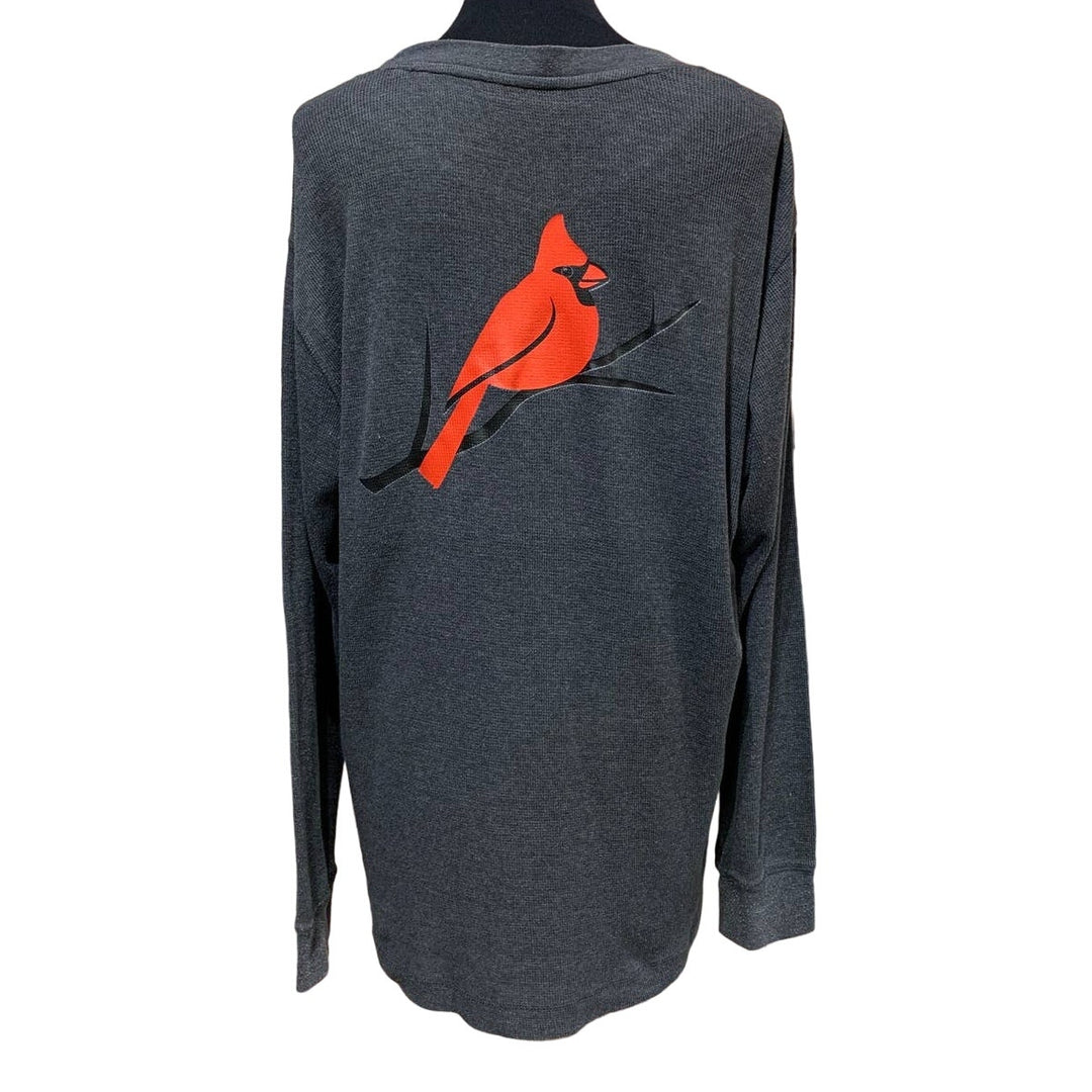 Hand Printed Upcycled Mens XL Red Cardinal Bird Long Sleeve Waffled Top Shirt