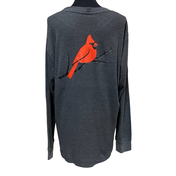 Hand Printed Upcycled Mens XL Red Cardinal Bird Long Sleeve Waffled Top Shirt