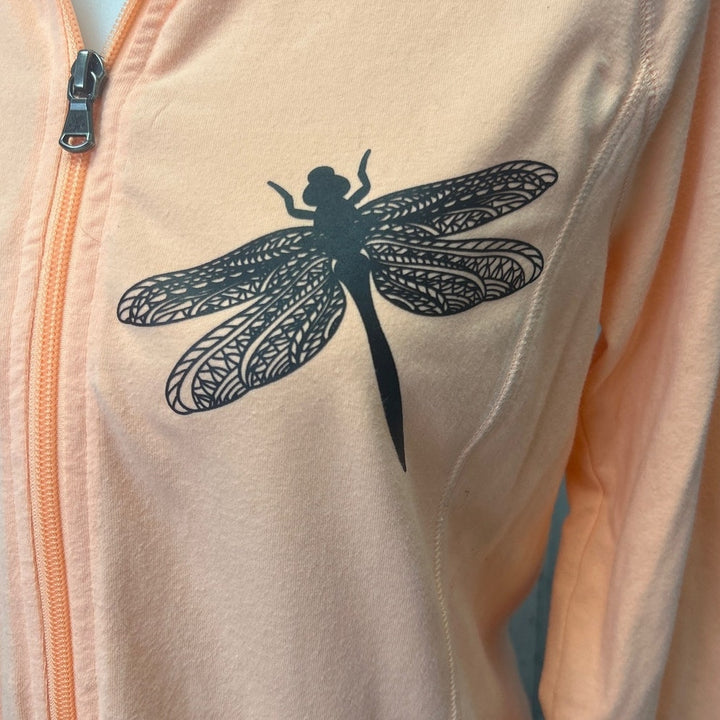 Hand Printed Upcycled Womens Medium Dragonfly Full Zip Lightweight Jacket