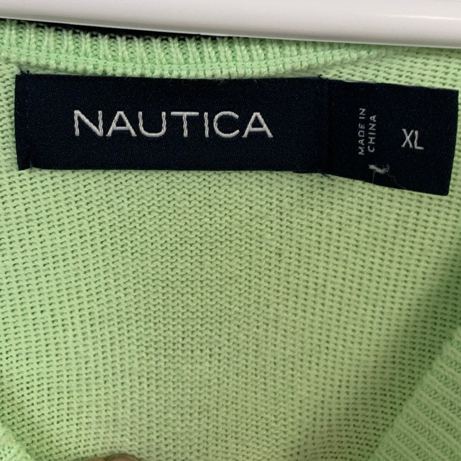 Lot of 2 Nautica Mens XL Green Pink PolyCotton Long Sleeve V Neck Knit Sweaters