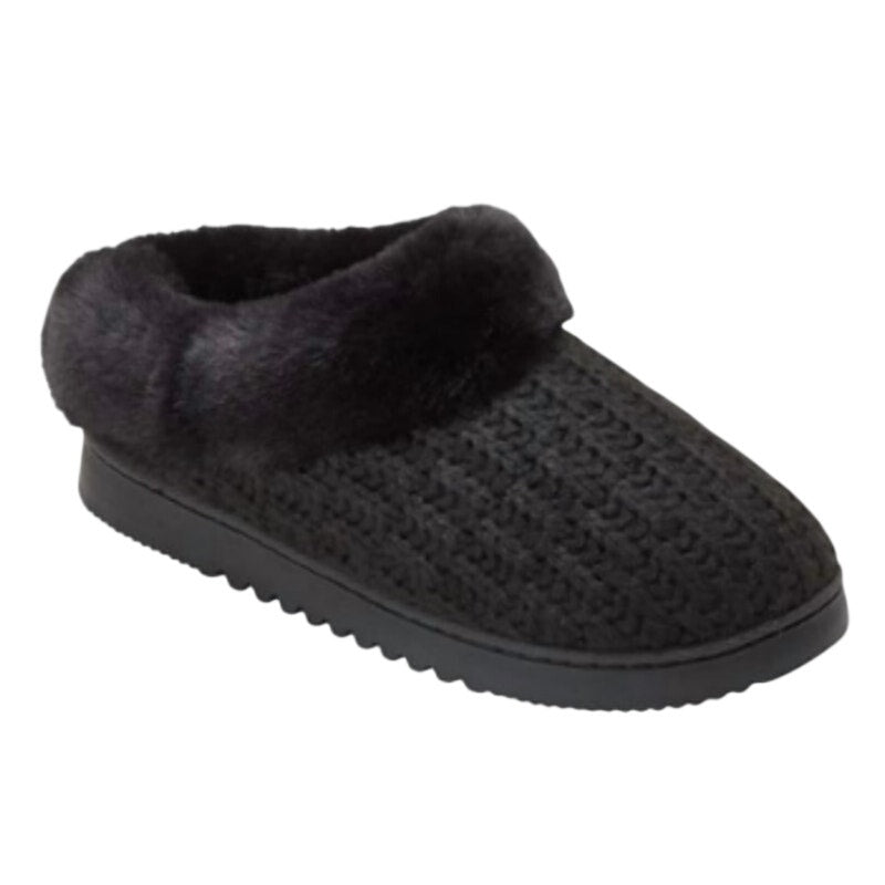 New In Box Dearfoams Women Small 5/6 Black Faux Fur Lined Knit Slide On Slippers