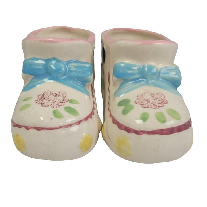 Pair of Two Vintage Hand Painted Ceramic Baby Bootie Shoes Made In Japan