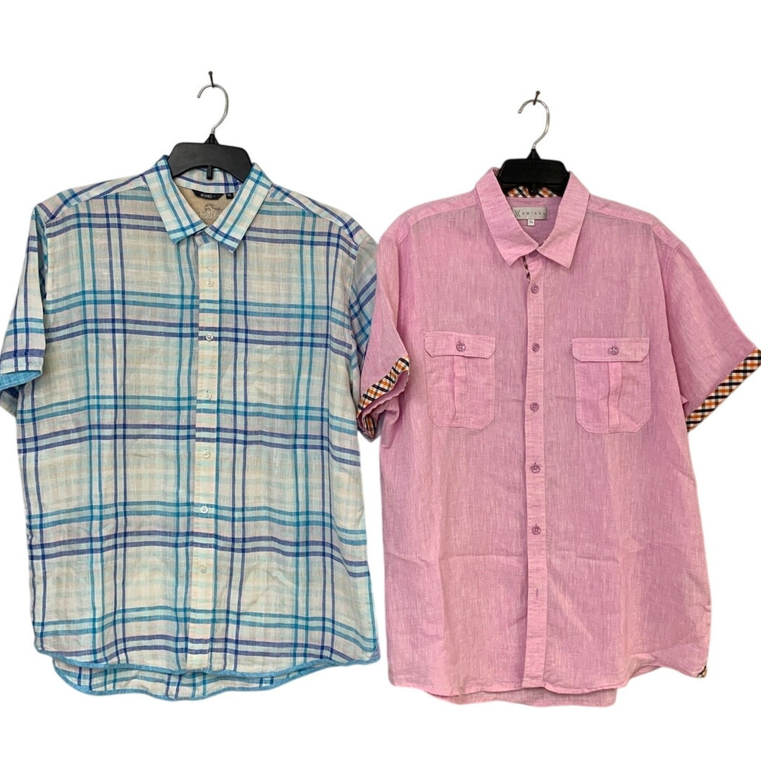 Lot of 2 Bohio Wamaini Mens XL 100% Linen Plaid Short Sleeve Button Up Shirts