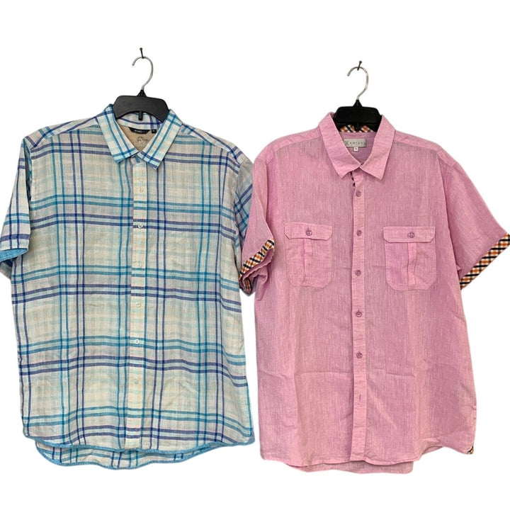 Lot of 2 Bohio Wamaini Mens XL 100% Linen Plaid Short Sleeve Button Up Shirts