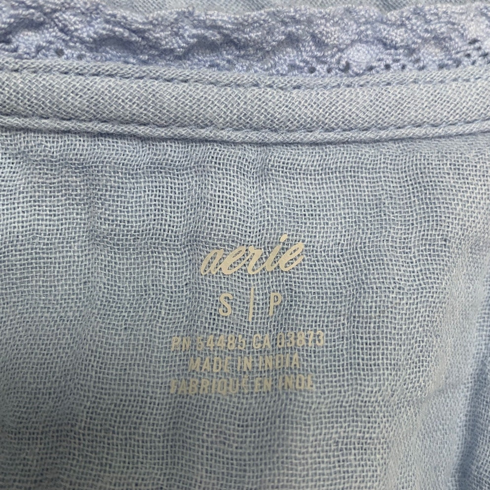 New Aerie Womens Small Pastel Blue Ruffle Sleeve Lace Front Button Cottage Top