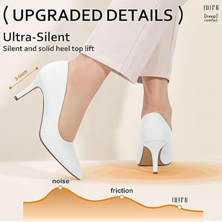 Idifu Womens Size 7.5 White Faux Leather Closed Toe 3" Heel Slide On Pumps Shoes