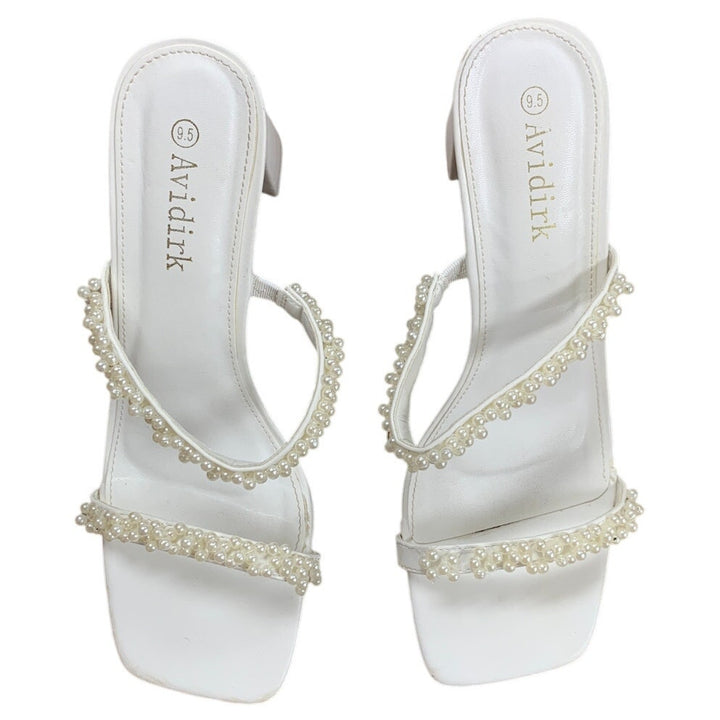 Avidirk Womens Size 9.5 White Pearl Square Open Toe 3.5" Block Heel Sandal Shoes