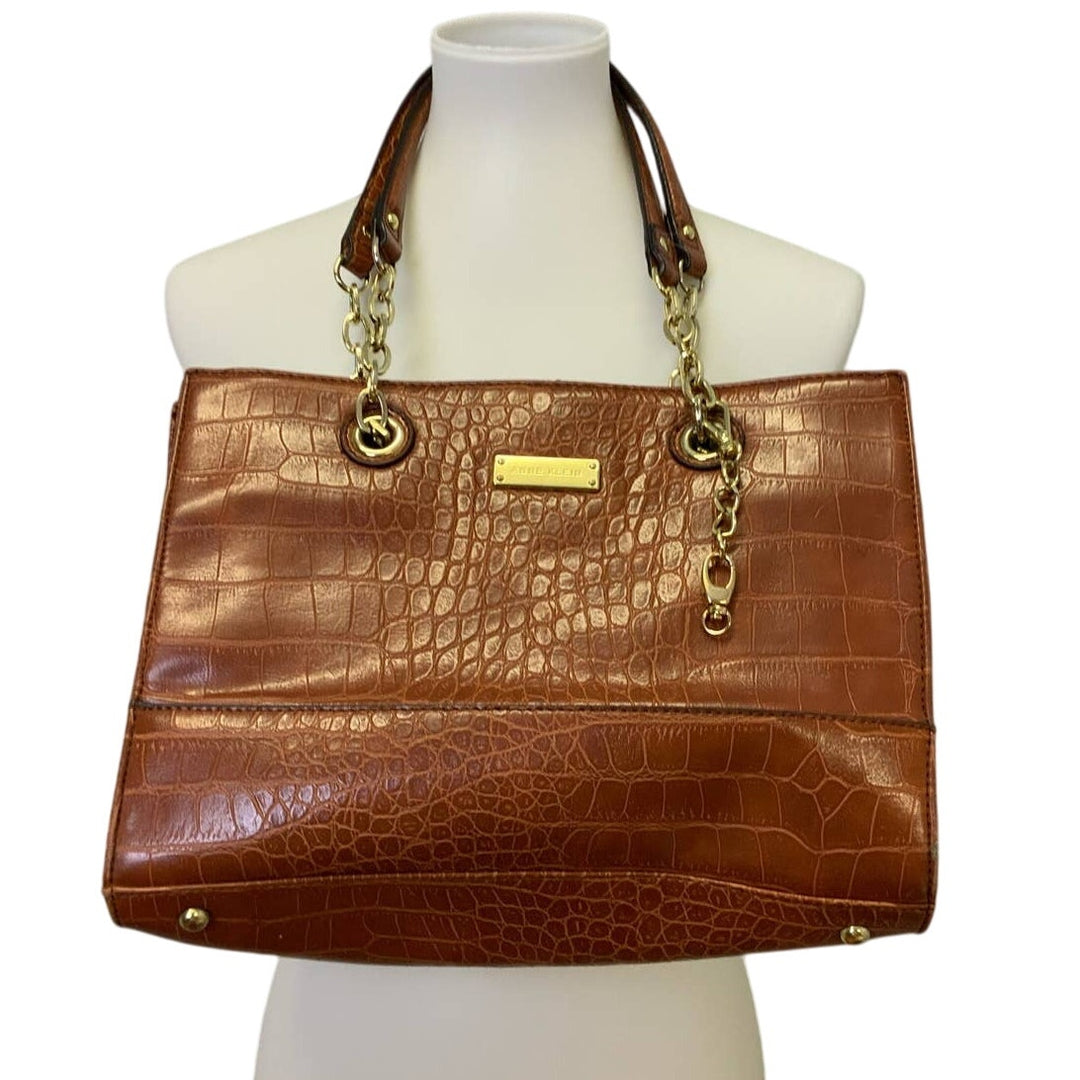 Anne Klein Faux Crocodile Brown Leather Handbag Purse Gold Chains Pockets