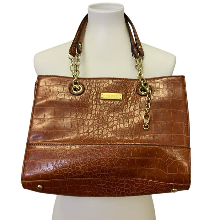 Anne Klein Faux Crocodile Brown Leather Handbag Purse Gold Chains Pockets