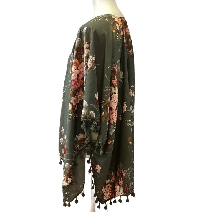 One Size Polyester Floral Long Open Cardigan Overlay Coverup w Tassels Fringe
