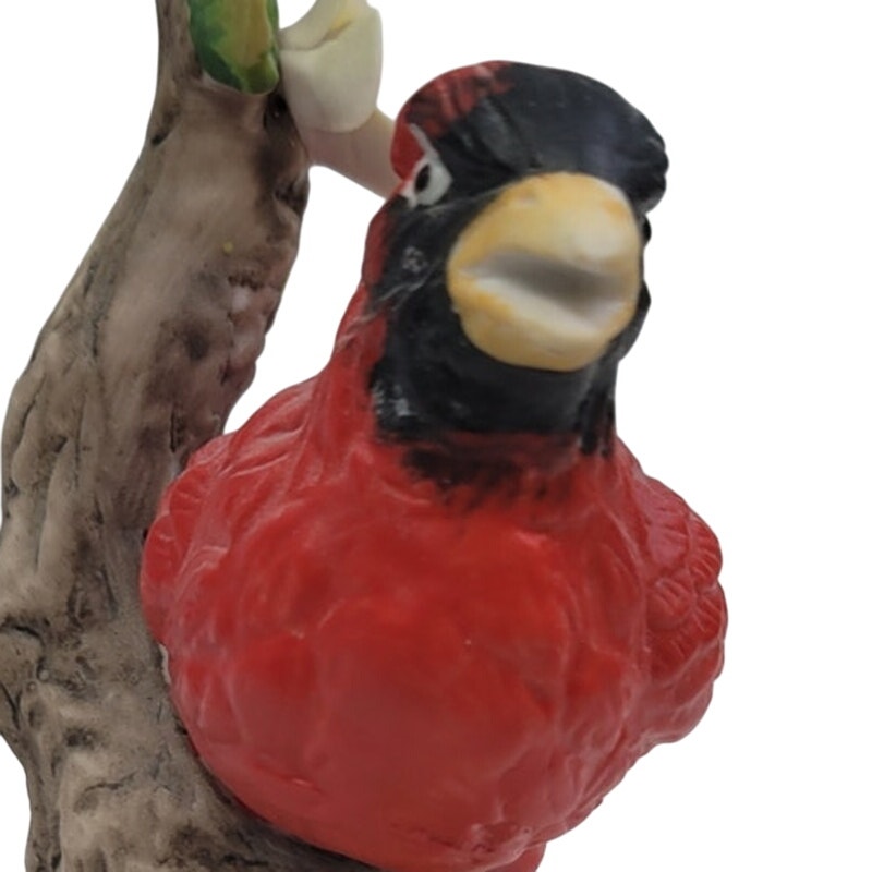 Vintage 1990s Red Cardinal Bird on Tree w Flower Ceramic Collectible Figurine