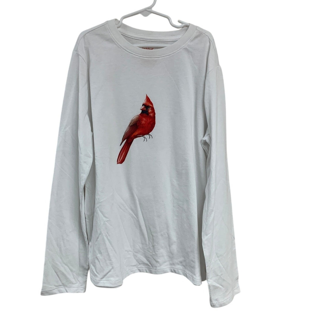 NWT New Hand Printed Girls Large Red Cardinal Bird White Long Sleeve Tee Shirt