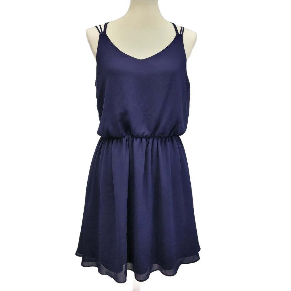 By &amp; By Womens Large Navy Blue 100% Polyester Spaghetti Strap Fit &amp; Flare Dress