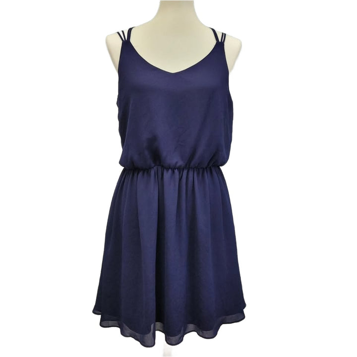 By &amp; By Womens Large Navy Blue 100% Polyester Spaghetti Strap Fit &amp; Flare Dress