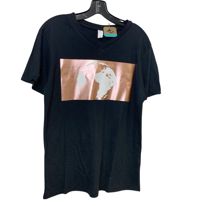New Upcycled Hand Printed Womens Small Black Save Planet Earth Copper VNeck Tee
