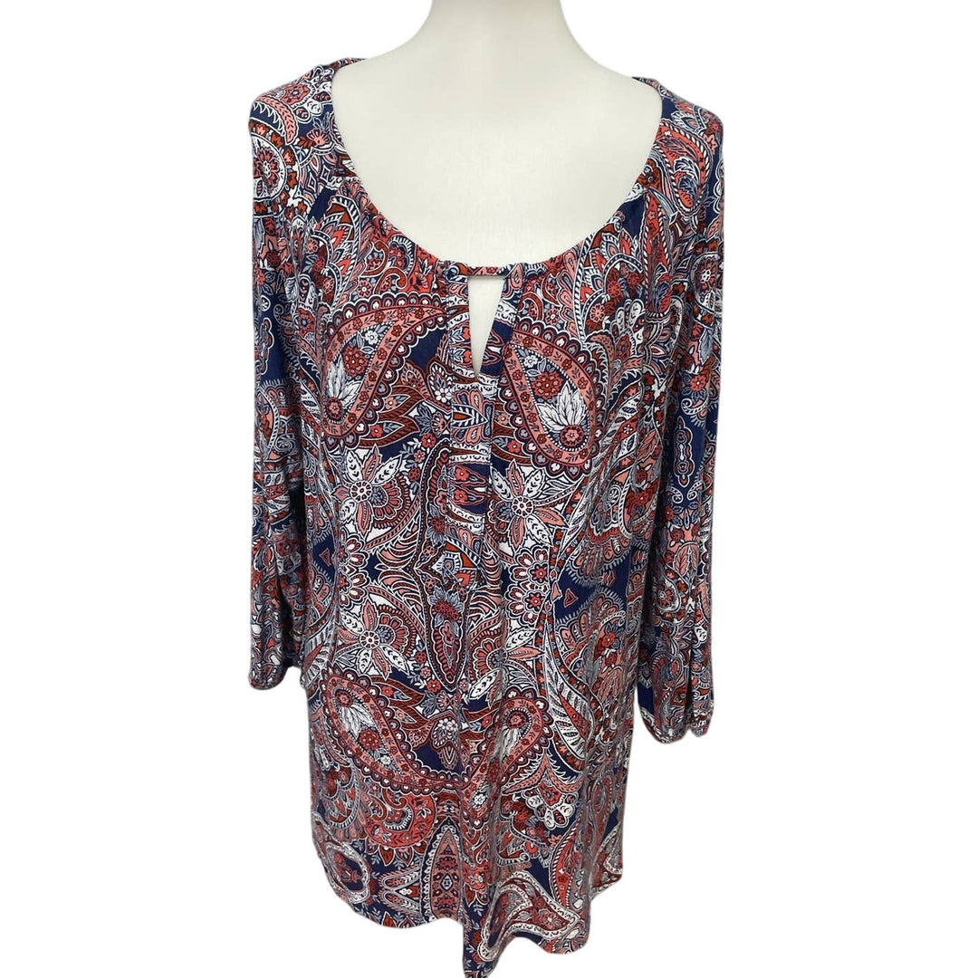 CB Womens XL 3/4 Sleeve Keyhole Front Boho Paisley Floral Flowy Rayon Blend Top