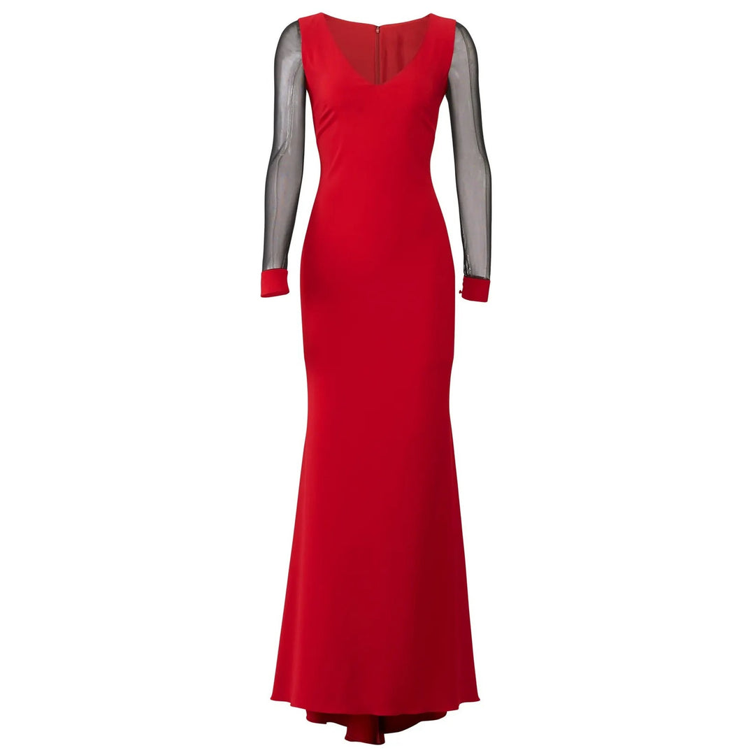 Badgley Mischka Women Size 4 Long Red Black Ruby Illusion Long Sleeve Gown Dress