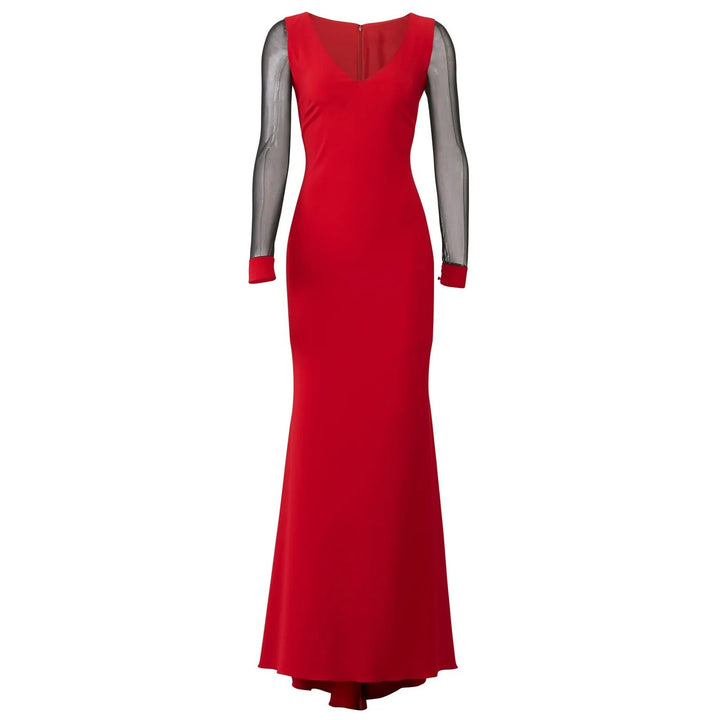 Badgley Mischka Women Size 4 Long Red Black Ruby Illusion Long Sleeve Gown Dress