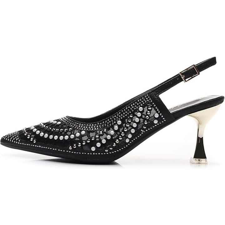 VenusCelia Womens 8.5 Black White Silver Beaded Pointy Toe 3" Slingback Heels
