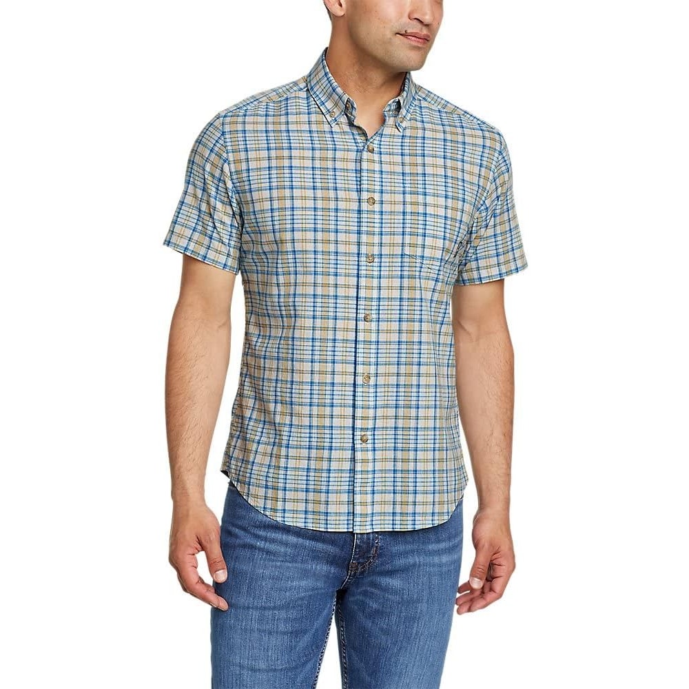 New Eddie Bauer Mens Small Blue Gold Plaid Short Sleeve Button Down Casual Shirt