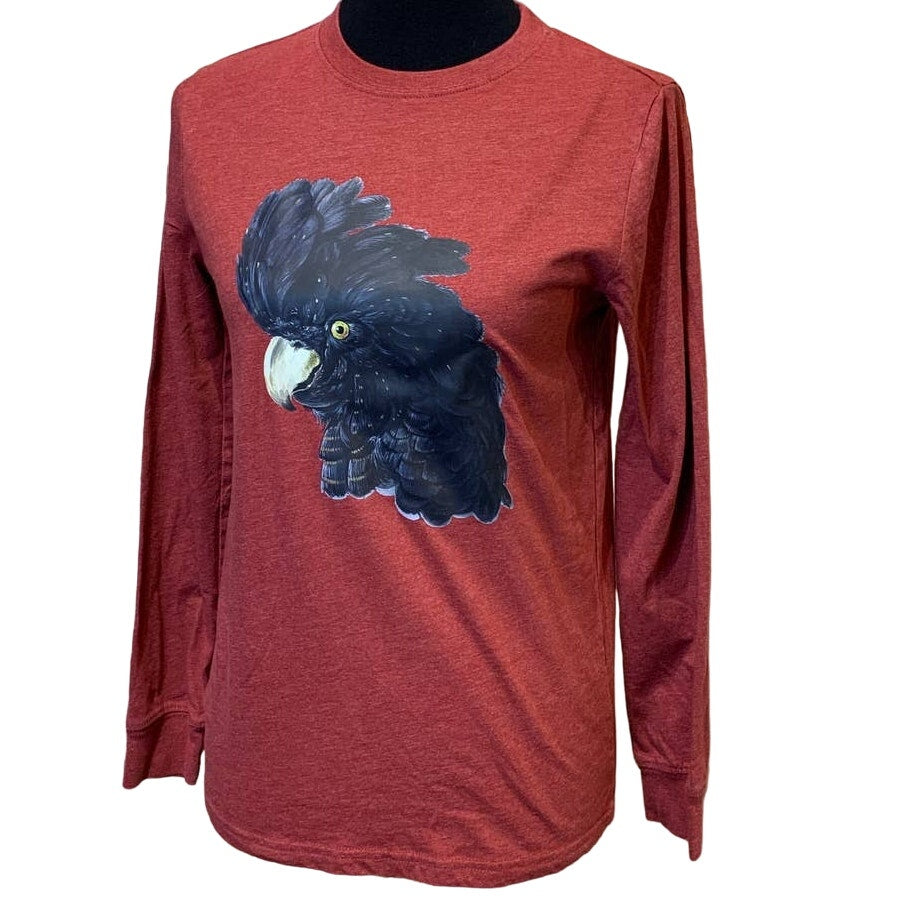 Upcycled Hand Printed Womens Large Black Cockatoo Parrot Ukraine Fundraiser Tee