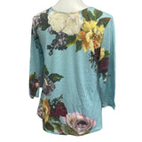 Upcycled Hand Printed Womens Medium Human Skull Goth Bone Floral Long Sleeve Top