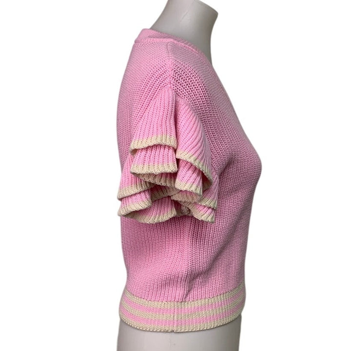 New Aerie Womens Small Pink V Neck Short Ruffled Sleeve Knit Sweater Top
