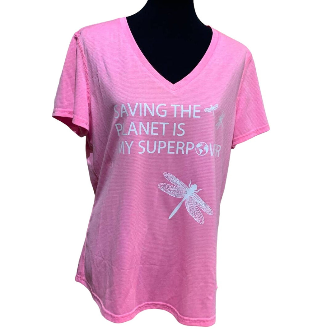 Hand Printed Upcycled 2X Saving the Planet Dragonfly Superpower Short Sleeve Tee