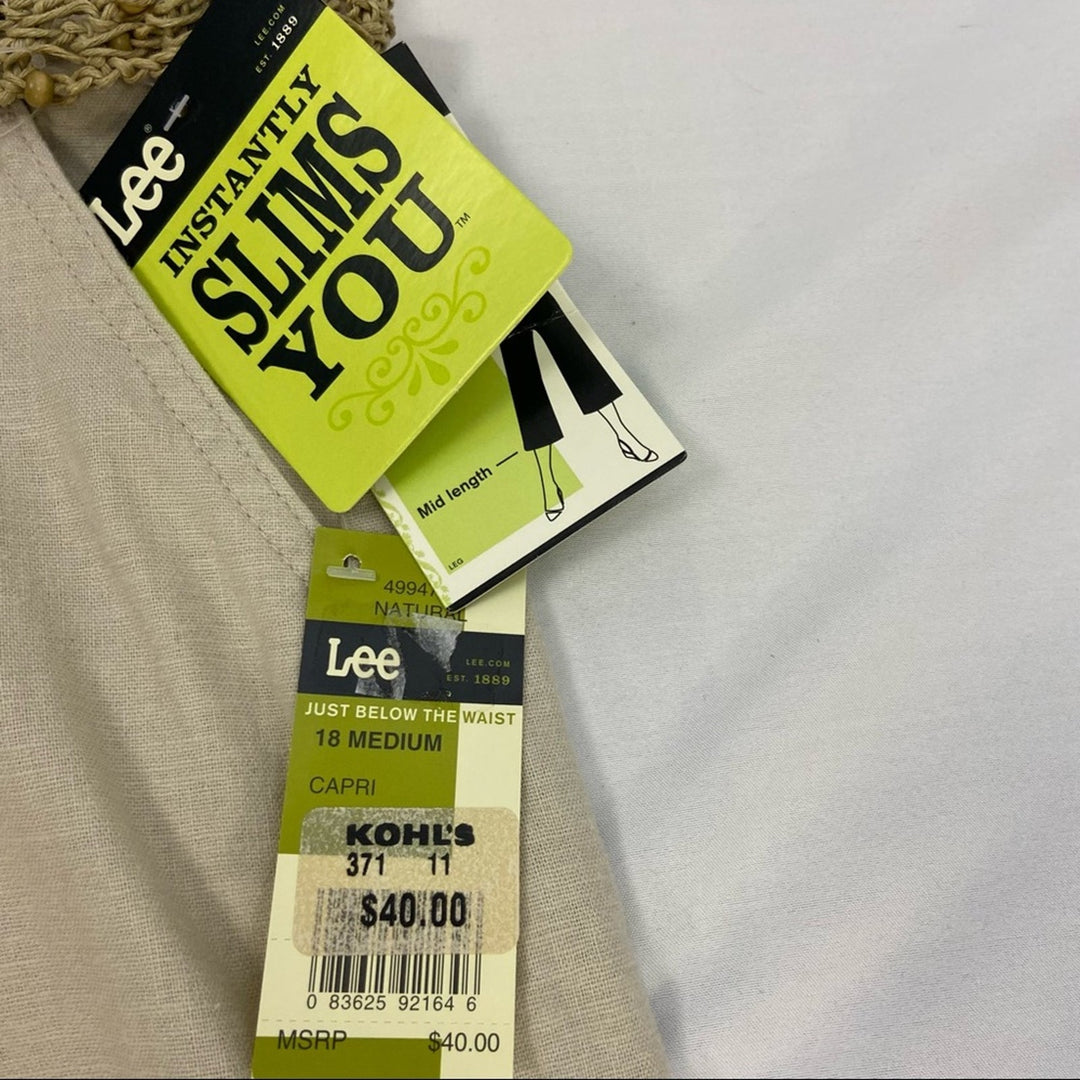 NWT New Lee Womens 18 Medium Linen Blend Wide Leg Capri Pants W Beaded Belt