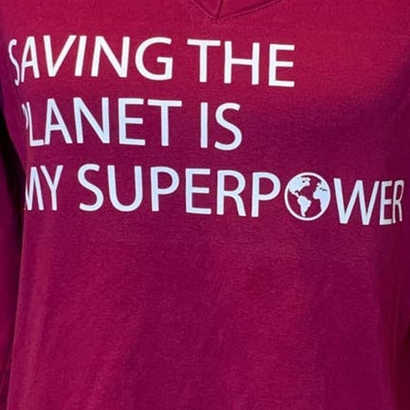 Hand Printed Upcycled Womens Large Saving the Planet Superpower 3/4 Sleeve Tee