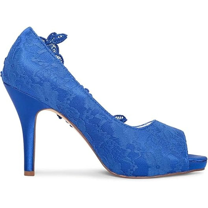 Emily Womens Size 9.5 Royal Blue Floral Lace Peep Toe 4" Heel Slip On Pump Shoes