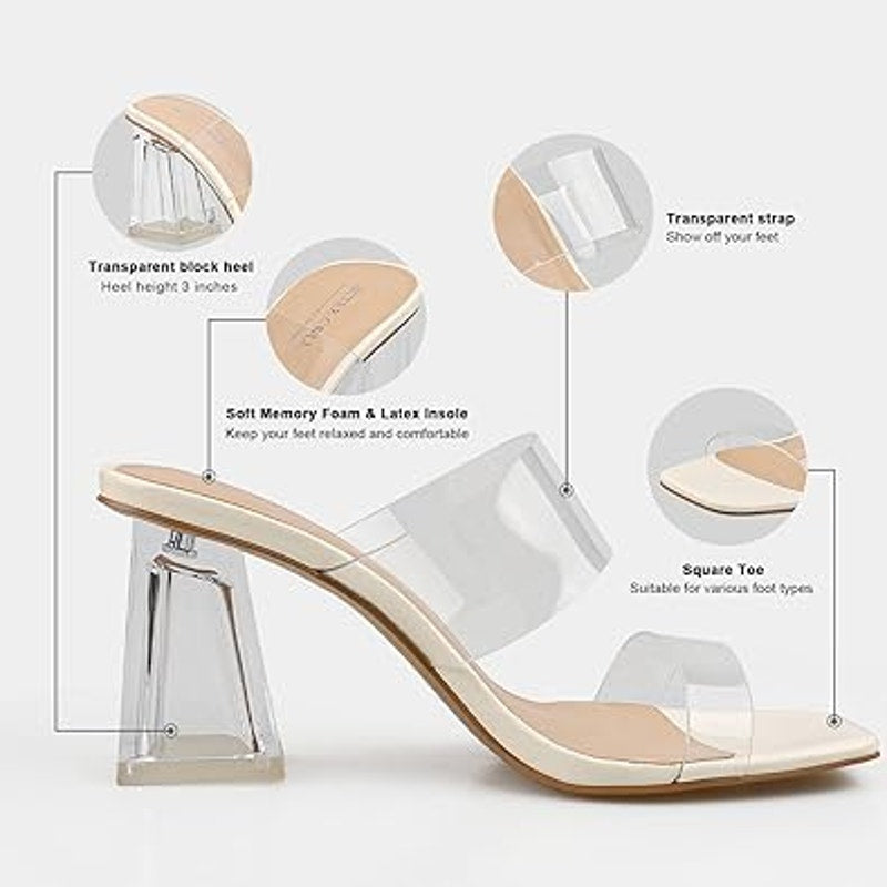 Bctex Coll Womens Clear Plastic 3.5" Chunky Heel Open Toe Off White Sandal Shoes